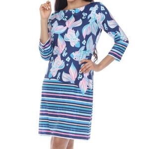 Tango Mango S NWT Blue Pink Koi Fish Stripe ALine Summer Cruise Vacation Dress